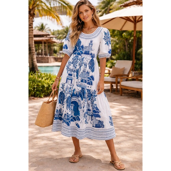 FARM Rio Dresses & Skirts - Farm Rio Resort Boho Chinoiserie Midi Dress Women Size M Puff Sleeve Tiered